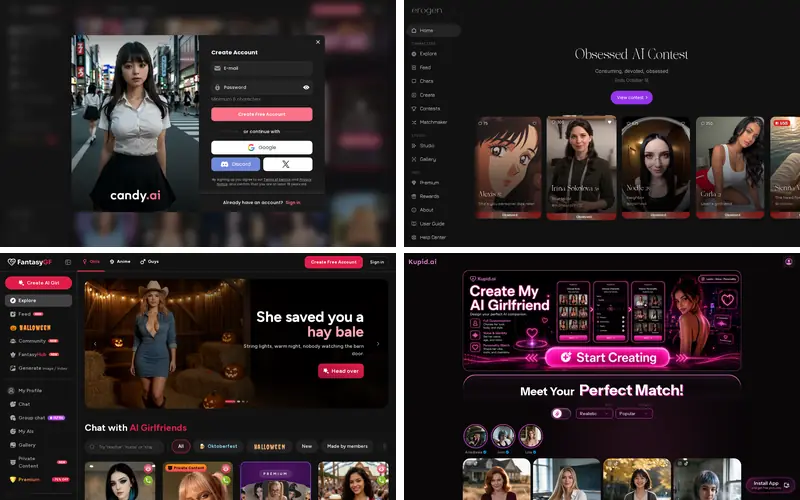 Collage of homepage screenshots: Candy AI, Erogen AI, FantasyGF, Kupid AI
