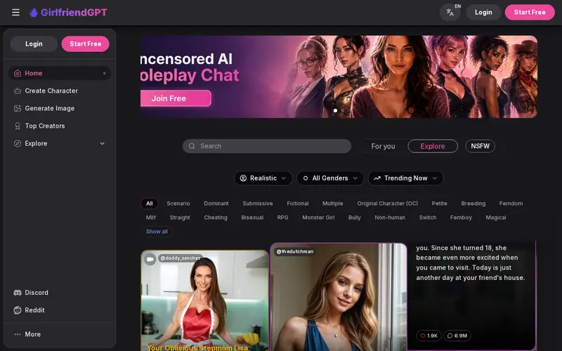 Screenshot of the GirlfriendGPT homepage (gptgirlfriend.online)